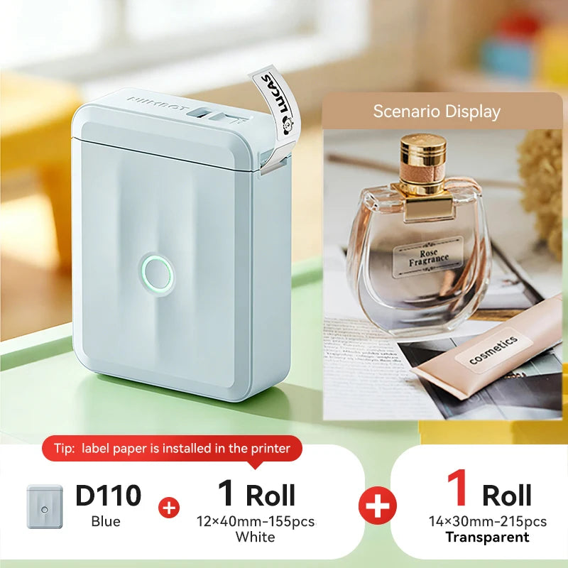 D110 Mini Portable Thermal Label Printer, Bluetooth Smart Label Maker with Adhesive Tape, Inkless 203 DPI for Home, Office & School