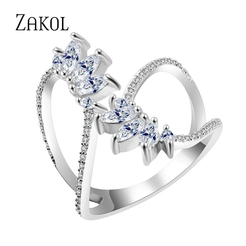 Cute Style White Color CZ Zirconia Leaf Open Rings Geometric Adjustable Ring