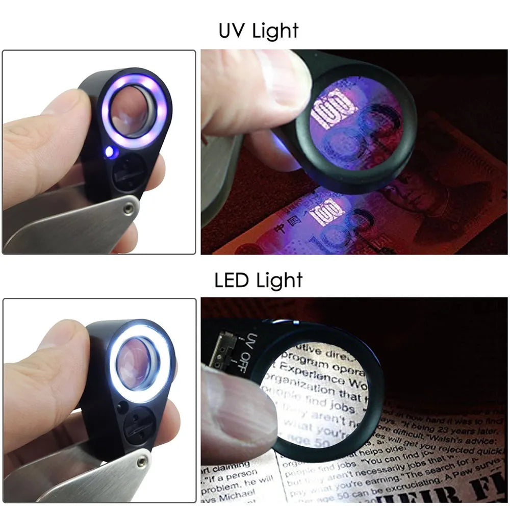 10X–40X LED UV Jewelry Loupe Magnifier Foldable Metal