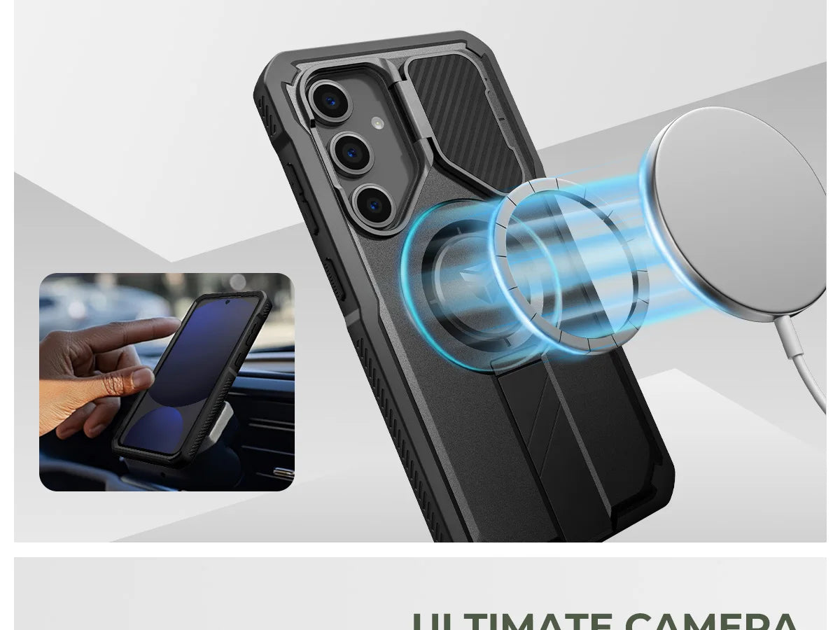 For Samsung Galaxy S24 FE Case with Camera Cover & Built-in Screen Protector Magnetic Rugged Shockproof Protective Cover Holder