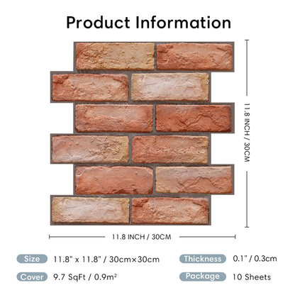 1/10Pcs 3D Faux Brick Peel and Stick Wall Panel Red Self Adhesive Kitchen Tile Backsplash Thicker Waterproof Wall Sticker