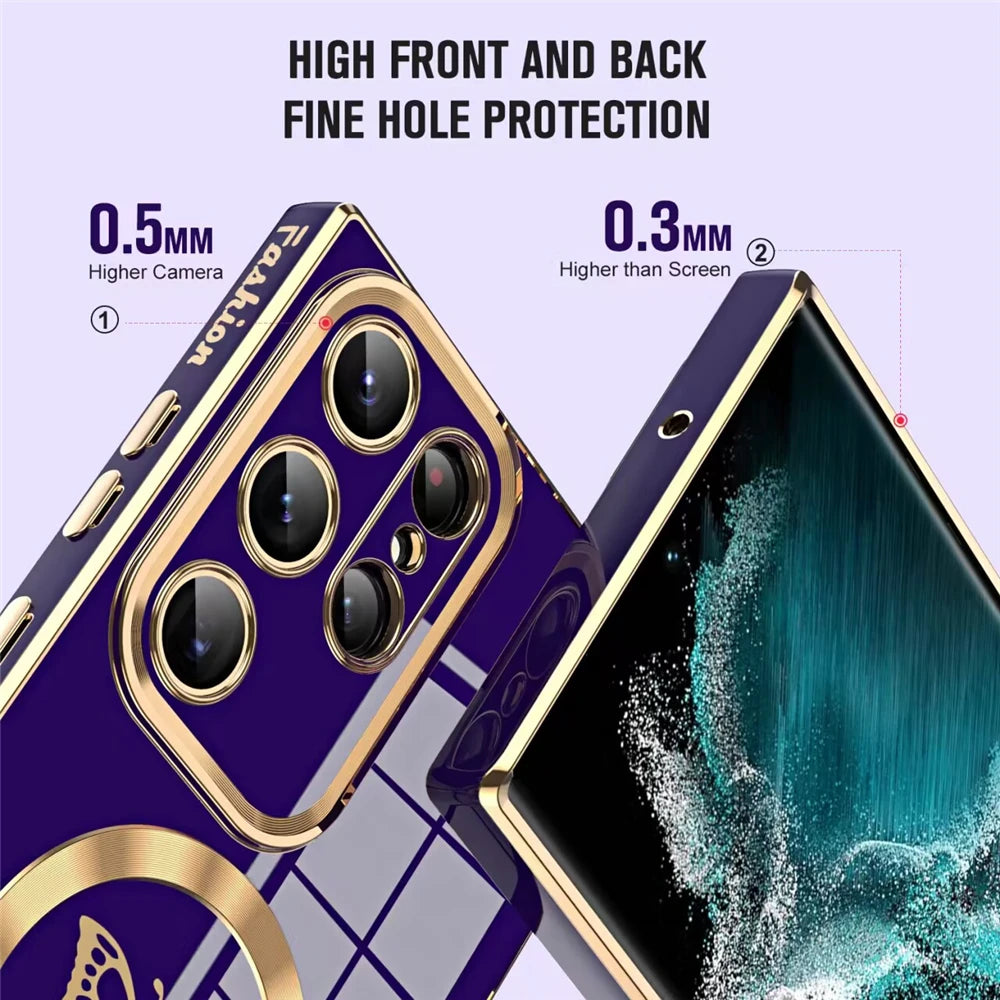Luxury Electroplate  Butterfly Case For Samsung S23 Ultra S22 S21 Plus For Magsafe Wireless Charging Soft Silicone Cover