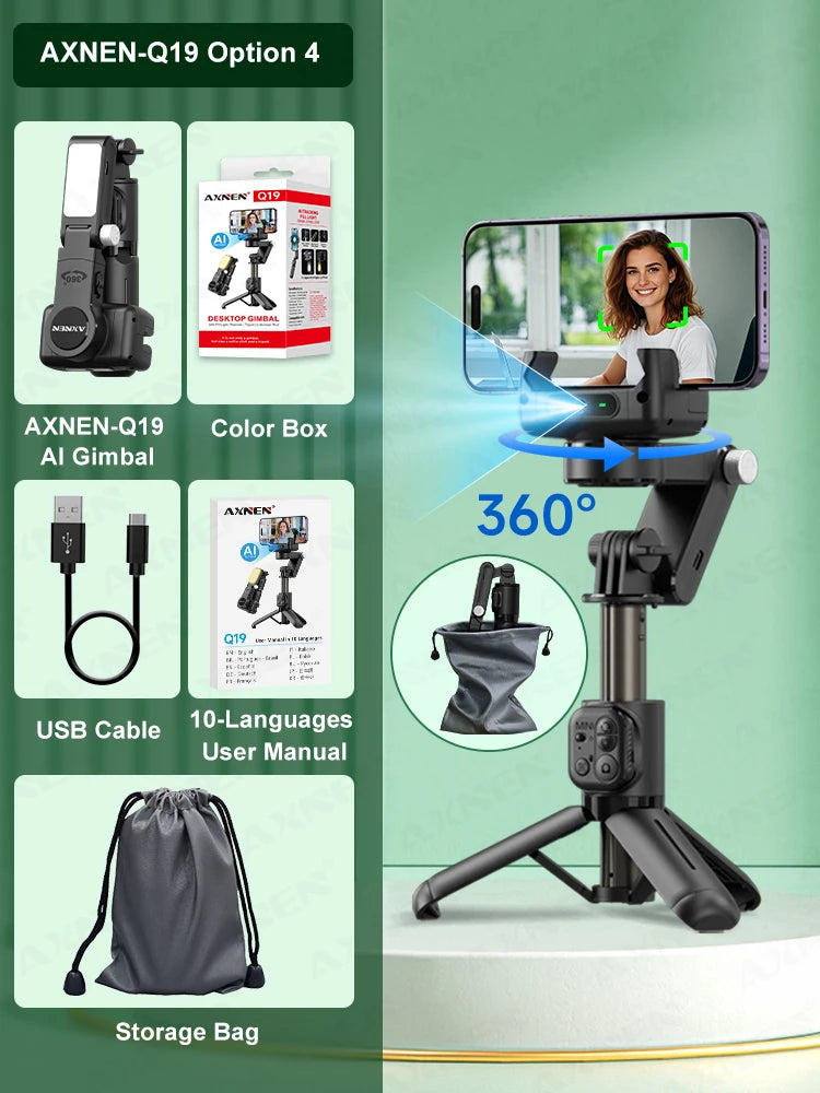 Q19 AI Desktop Gimbal Stabilizer 360 Rotation Auto Face Tracking Mobile Phone Handheld Anti-shake Selfie with Fill Light