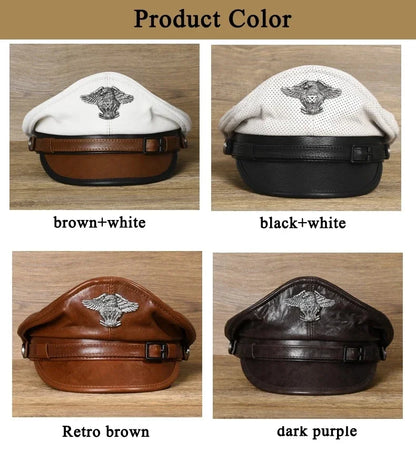 Retro German Military Caps For Men Male Genuine Leather Flat Top Hats European American Captain Locomotive Chapeau