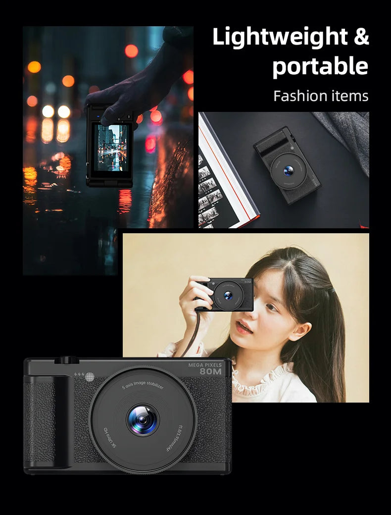 5K 80MP Digital Camera with 6-Axis Stabilization, 270° Flip Screen & 18X Zoom for Vlogging Photography