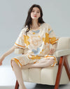 2-Pcs Women’s Summer Cotton Pajama Set – Short Sleeve Top & Calf-Length Pants with Cute Prints
