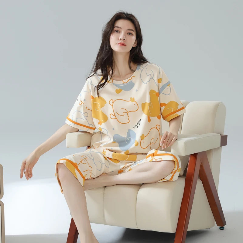 2-Pcs Women’s Summer Cotton Pajama Set – Short Sleeve Top & Calf-Length Pants with Cute Prints