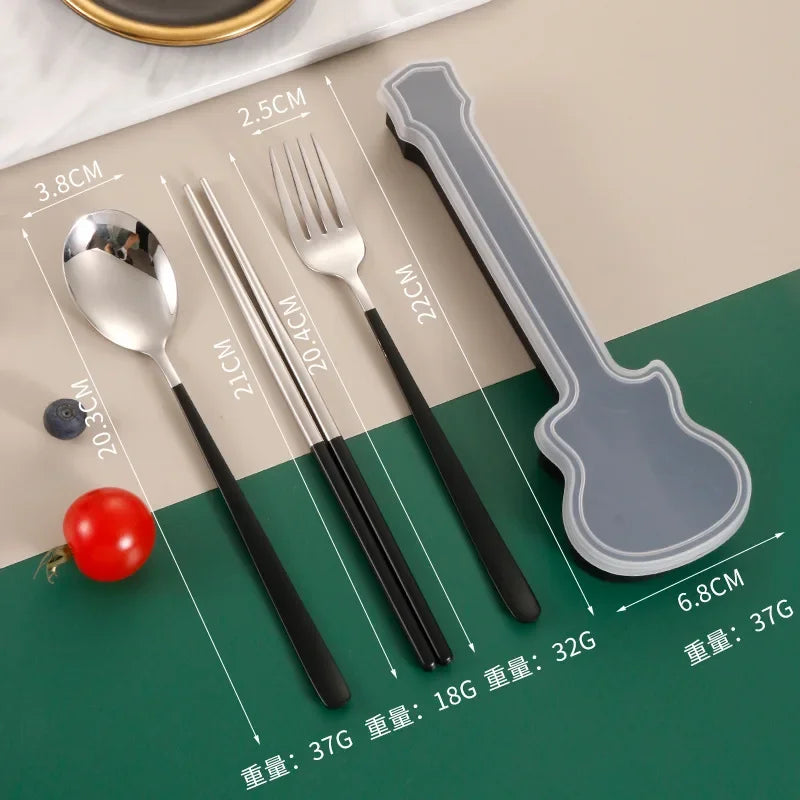 2/3Pcs Cutlery Set Fork Spoon Chopsticks Dinnerware Set 304 Stainless Steel Portable Travel Flatware Guitar Box