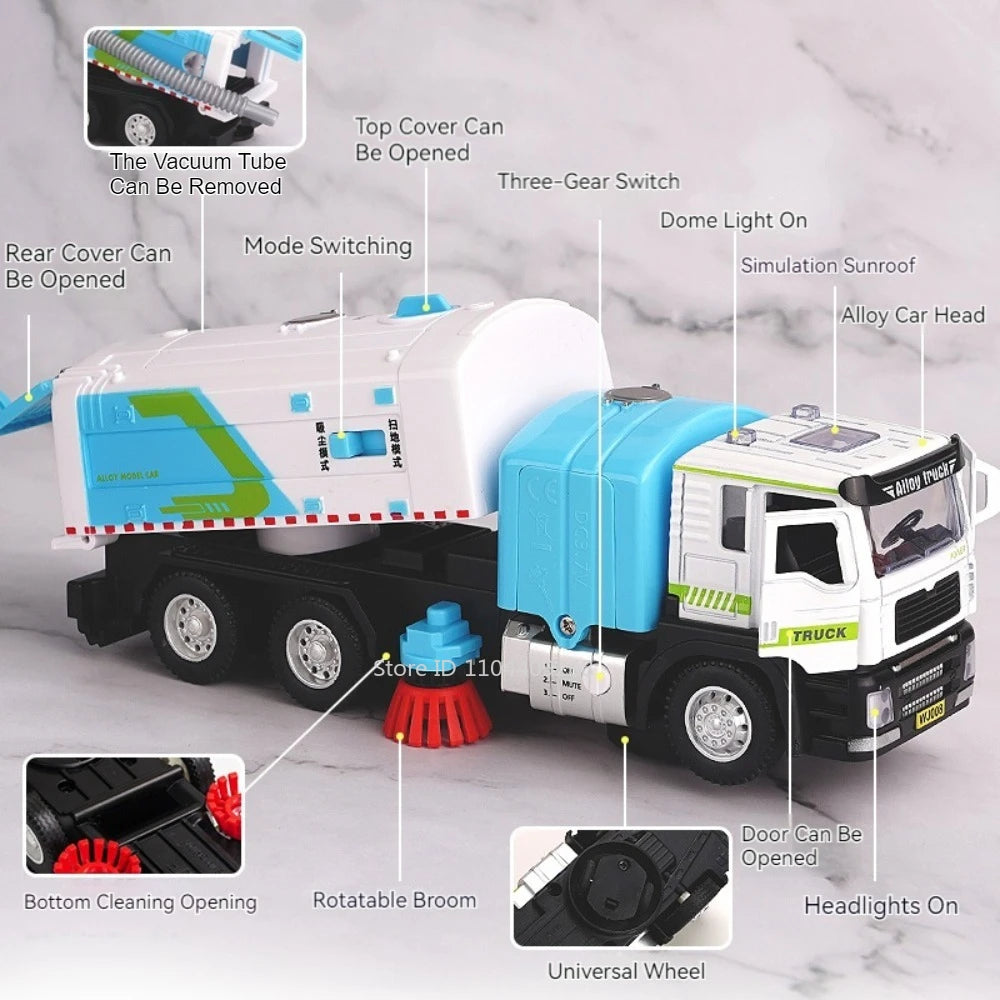 1:50 Electric Vacuum Cleaner Sweeper Garbage Truck Model Toy Alloy Diecast Light Sound Engineering Vehicle Gifts for