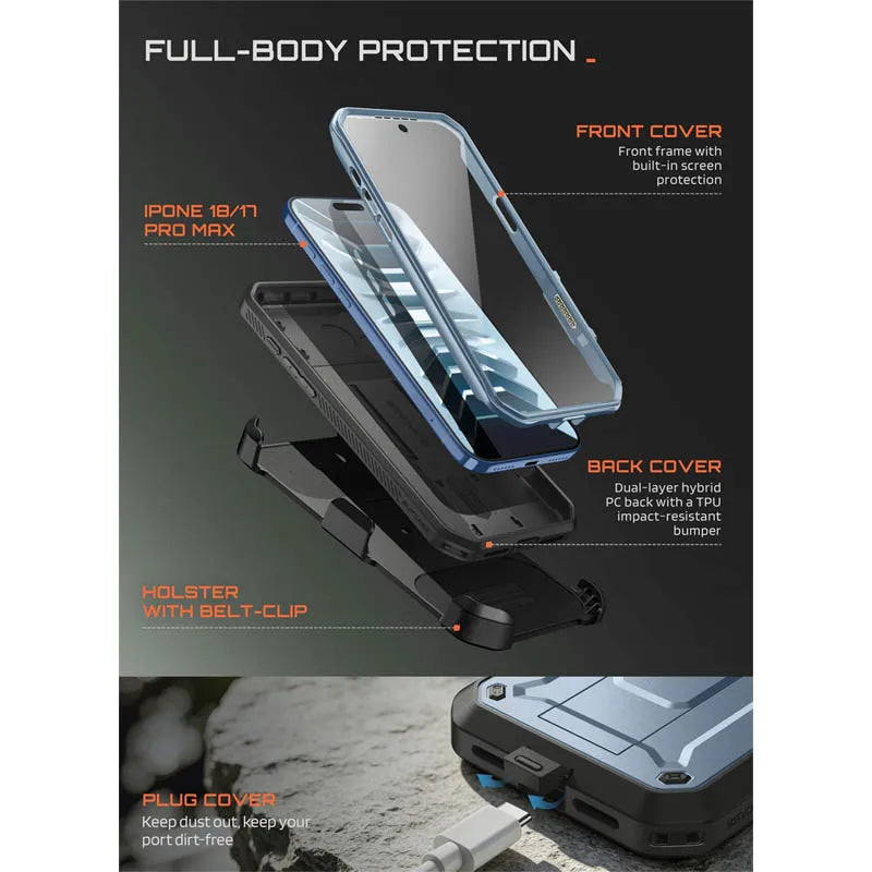 Full Body Rugged Phone Case with Built In Screen Protector and Belt Clip Holster for iPhone 17 Pro Max and iPhone 18 Pro Max