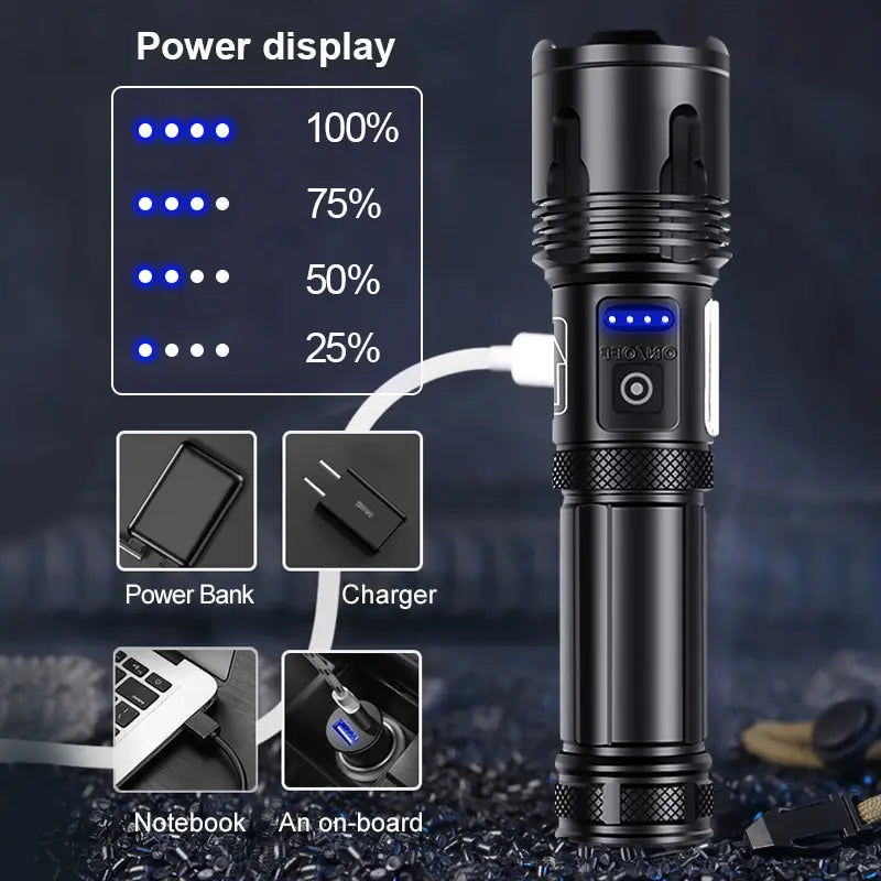 XHP120 LED Flashlight Rechargeable Zoom Tactical Torch with COB Side Light Power Bank Function