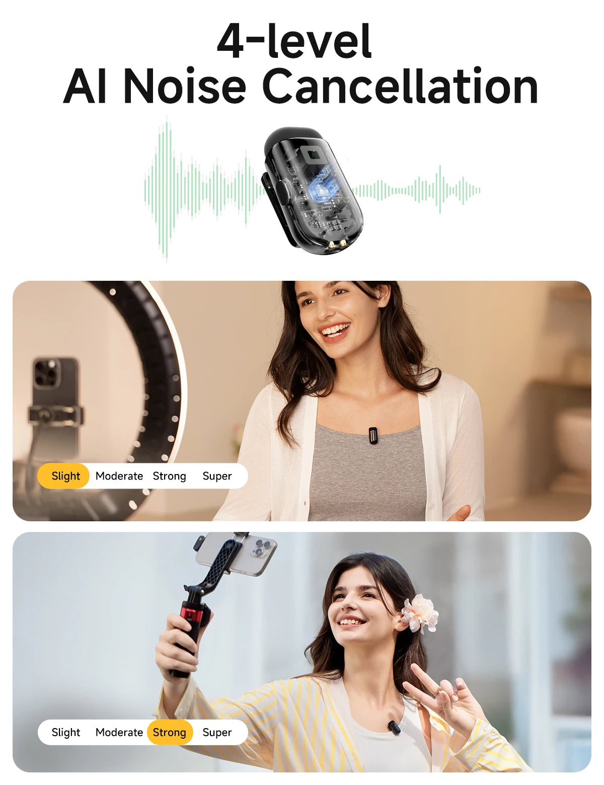 Wireless Lavalier Microphone with AI Noise Cancellation Auto Clipping and App Control