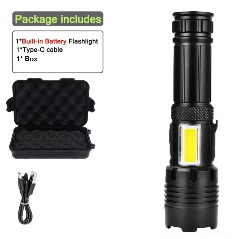 High Power Rechargeable LED Flashlight With COB Side Light And Zoom
