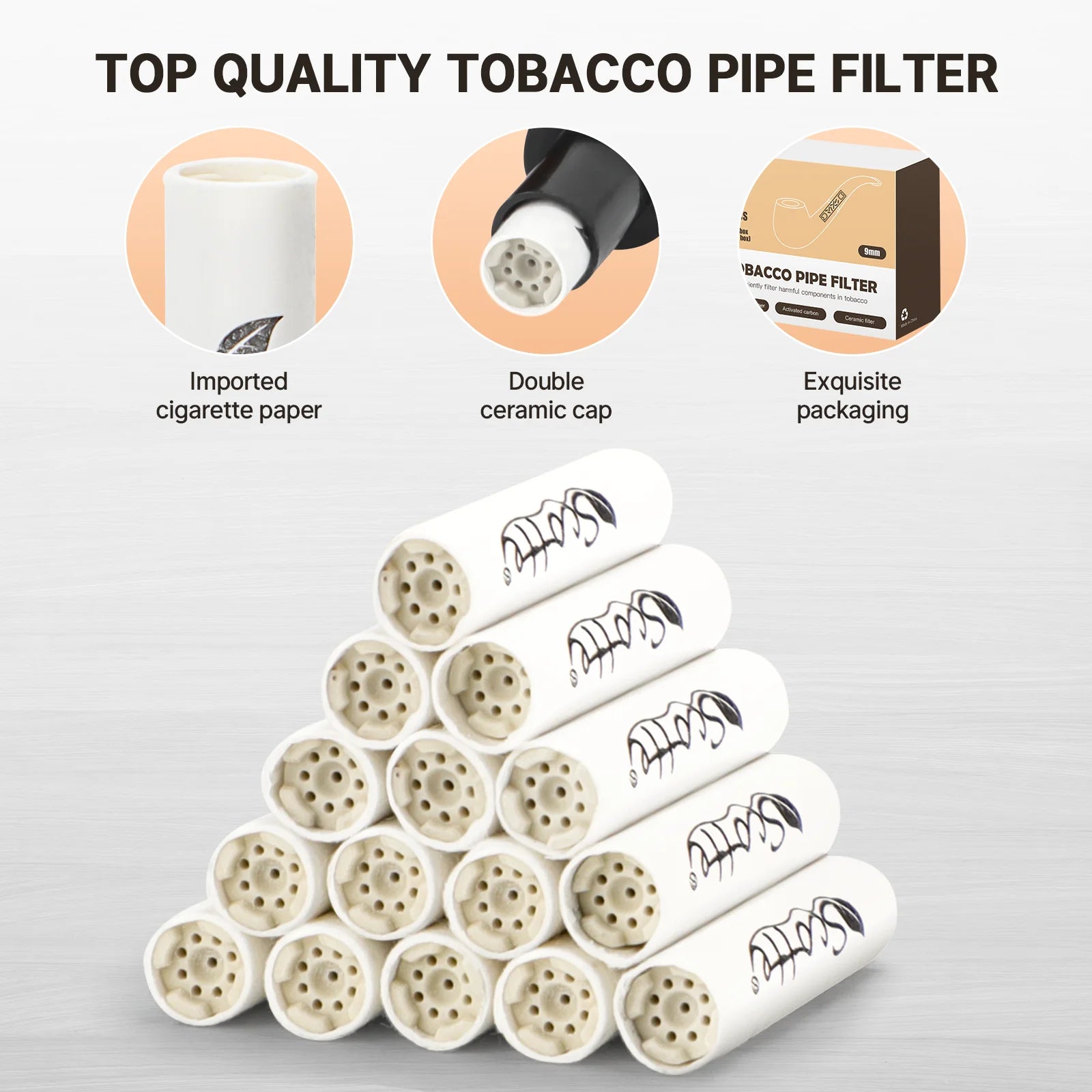 Pipe Filters 9mm Activated Carbon Tobacco Pipe Filter with Dual Ceramic Cap 100 pcs Filter Core for Pipe
