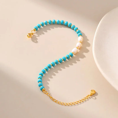 Blue Turquoise Bracelets Handmade Natural Stone with Gold Plated Beaded Bracelet