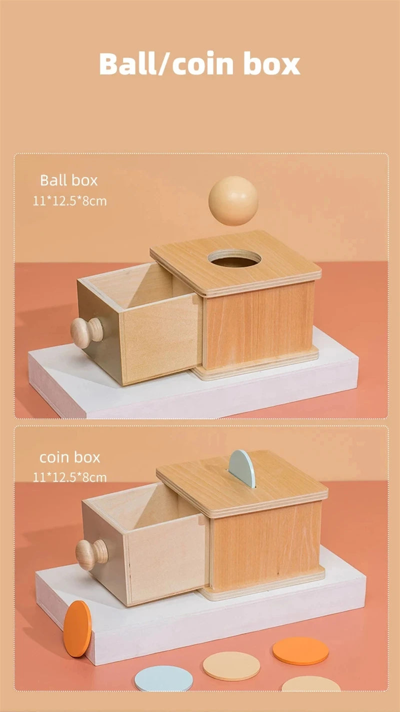Montessori Coin Ball Box  Toy Wooden Object Permanence Box Macaroon Color Spinning Drum Drawer Box Educational Toys