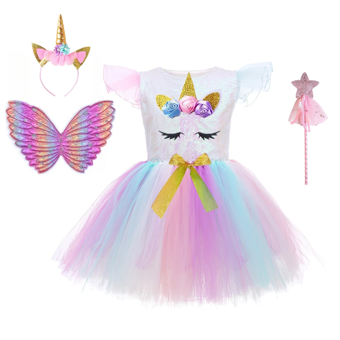 Unicorn Princess Tutu Dress with Flutter Sleeves and Sequin Tulle