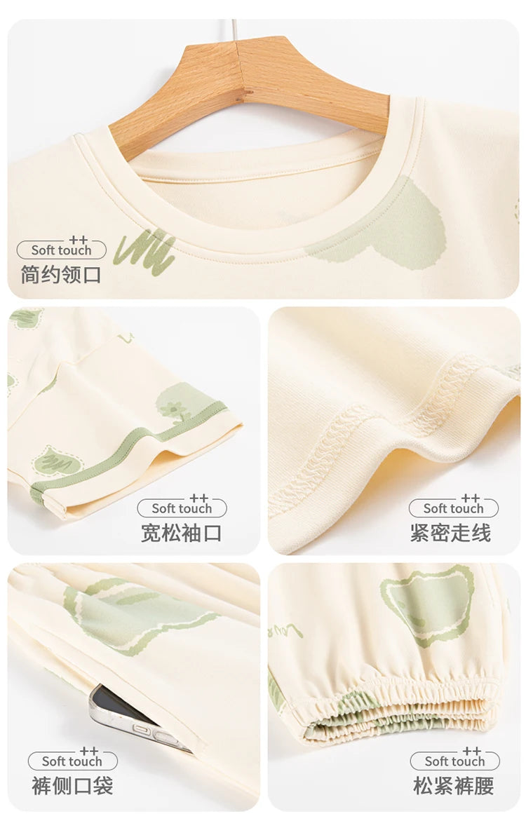 2-Pcs Women’s Summer Cotton Pajama Set – Short Sleeve Top & Calf-Length Pants with Cute Prints