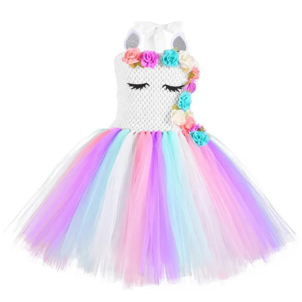 Rainbow Unicorn Princess Dress with Angel Wings Party Costume