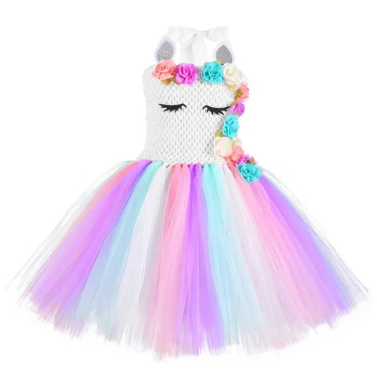 Rainbow Unicorn Princess Dress with Angel Wings Party Costume