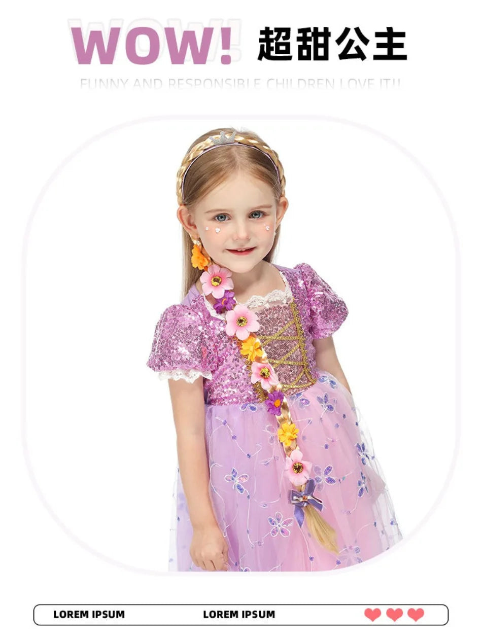 Princess Girls Flowers Headband Flower Fary Dress Up Weaving Long Braid Wig Headband Kids Halloween Rapunzel Cosplay Head Wear