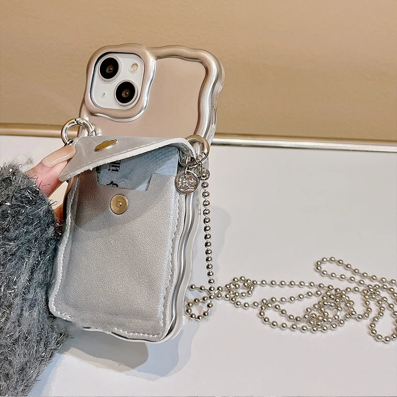 Luxury Glossy Pearl Lanyard Mini Bag For iPhone 14 13 Pro Max TPU Korea Lady Lens Protection Anti-Drop Soft Cover