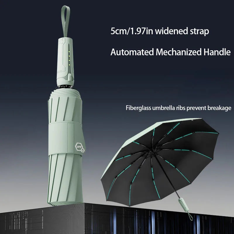 Mechanical Style Fully Automatic Wind Resistant Folding Umbrella Wide Strap Large Coverage