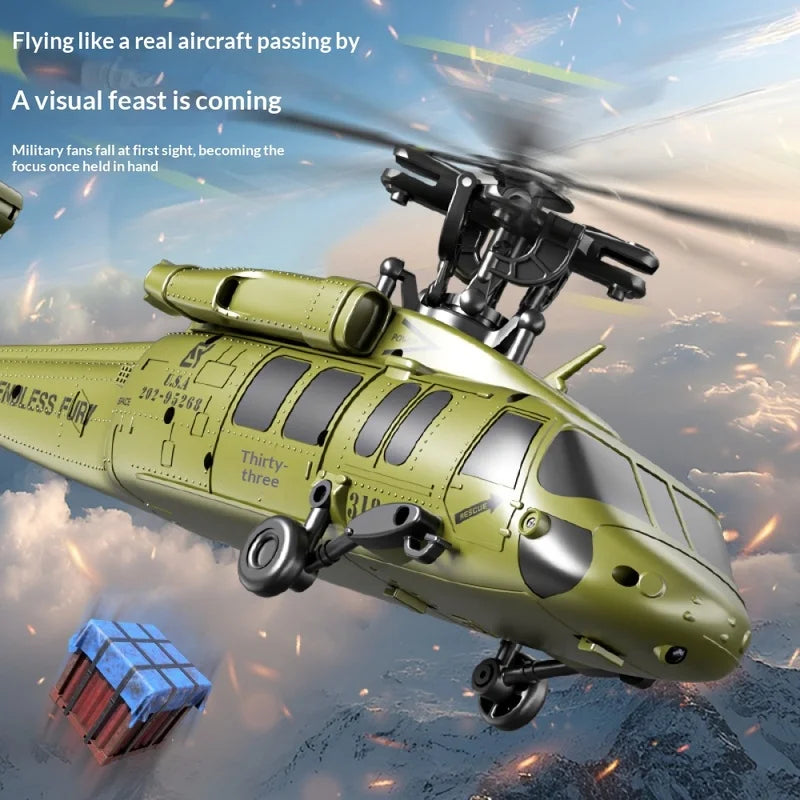 Six Channel Remote Control Military Helicopter With Simulated Stunt Design