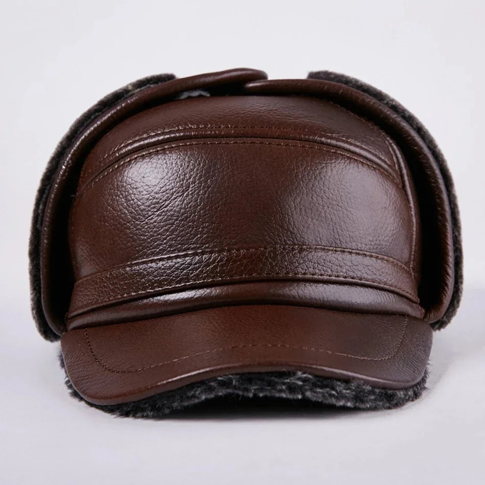 Winter Bomber Hat Men Russian Brown Leather Ushanka Cap With Ear Flaps Fur Warm Genuine Cow Leather Brand Baseball Cap