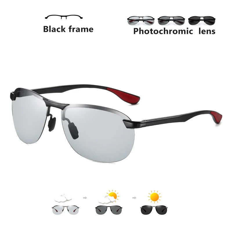 Rimless Photochromic Polarized UV400 Aluminum Driving Sunglasses for Men Women