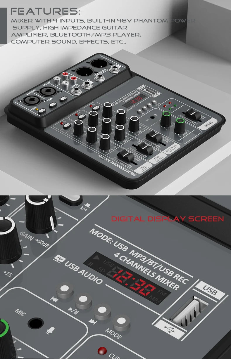 4 Channel Audio Mixer With Bluetooth USB And 48V Phantom Power