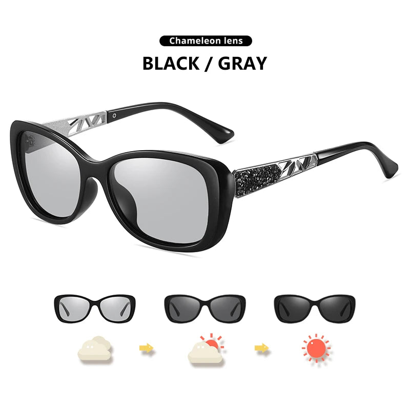 Diamond Frame Photochromic Polarized UV400 Fashion Sunglasses for Women Travel Glasses