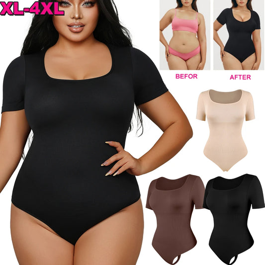 Square Neck Short Sleeve Bodysuit for Women – Full Body Control Shapewear