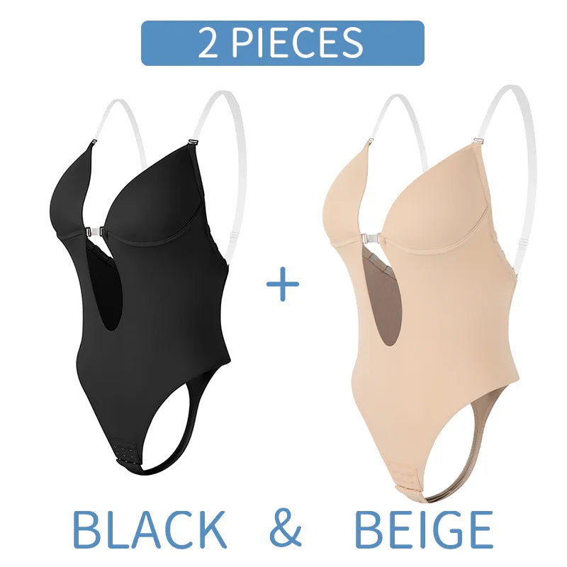 Deep V-Neck Backless Bodysuit Shapewear – Push Up Thong Body Shaper