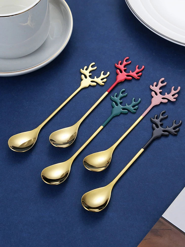 Nordic Dessert Spoon Elk Stainless Steel Coffee Spoons Stirring Tablespoon Little Deer Shape Christmas Tableware New Year Gift