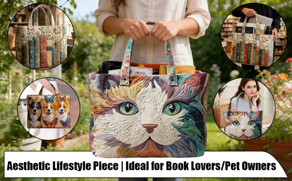 Vintage Quilted Canvas Tote Bag Large Capacity 3D Print Shoulder Handbag