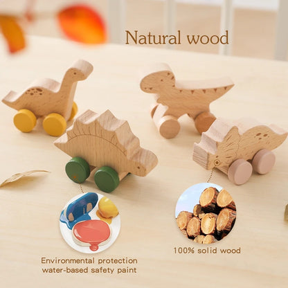 Baby Wooden Beech Car BPA Free  Cartoon Dinosaur Trolley Baby Toy Scene Building Block Hand-decorated Room Handmade Crafts Gifts