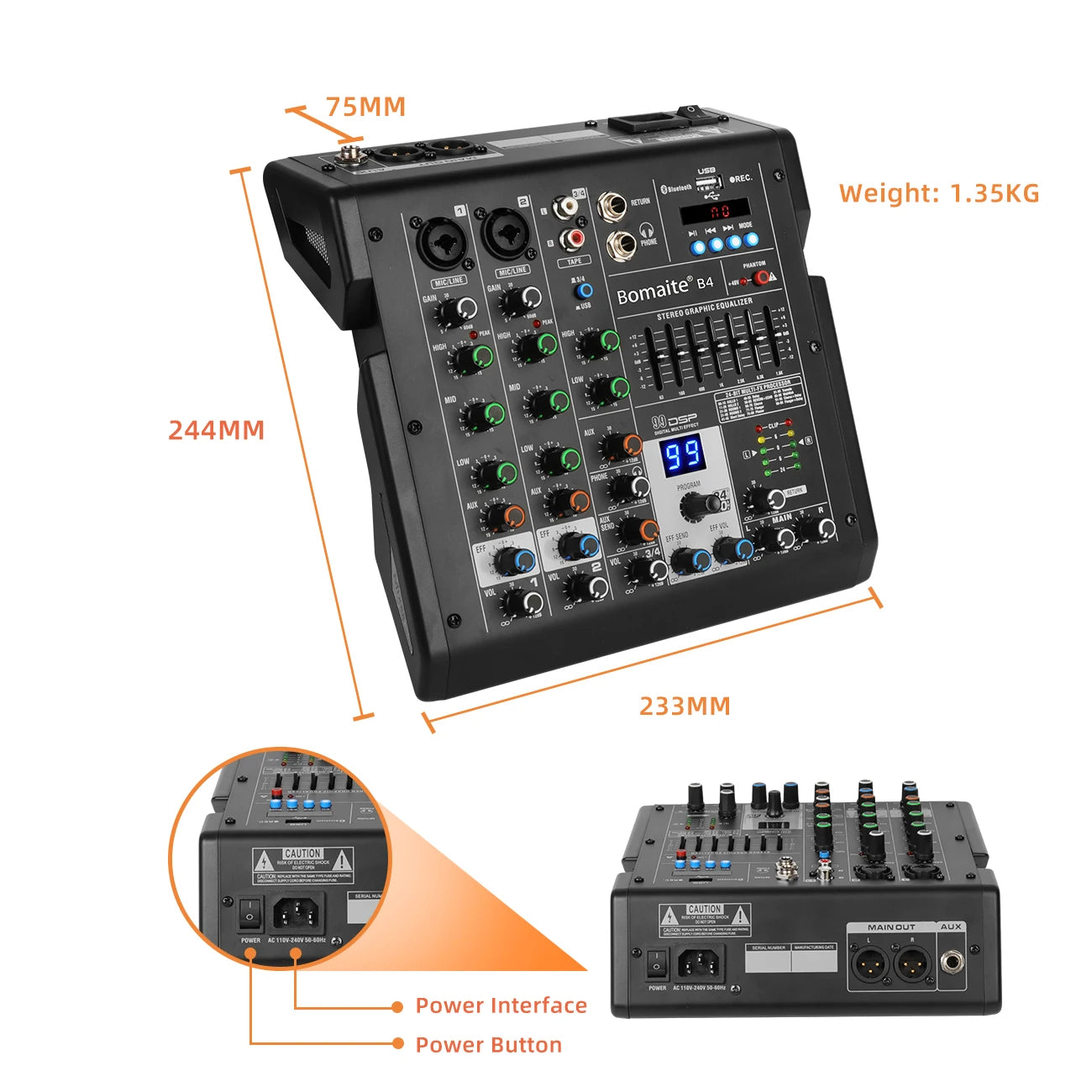 4 Channels Audio Mixer Depusheng B4 Sound Table Professional DJ Mixing Console Built in 99 DSP Digital Effects 48V Phantom Power