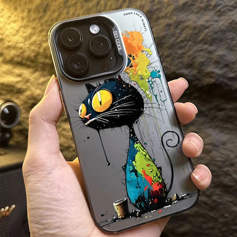 Personalized graffiti Cartoon Cat Phone Case For iPhone 15 16 Pro Max 14 Lens protect plating Cover