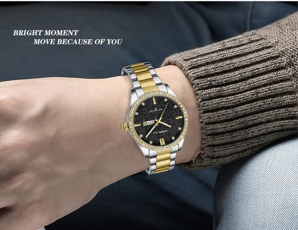 New Luxury Rhinestones Dial Watches with Stainless Steel Band Wristwatch with Auto Date and Luminous Relogio Masculino