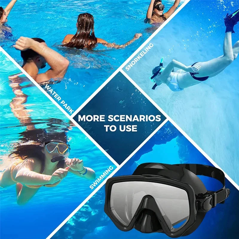 Snorkel Mask Swimming Goggles Scuba Diving Silicone Skirt Tempered Glass Len Wide View Training With Nose Cover Adjustable Strap