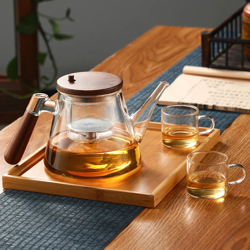 Easy One Click Tea Separation Filtration Glass Teapots With Wood Handle 850ml Tea Water Separation Tea Pot With Infuser Filter