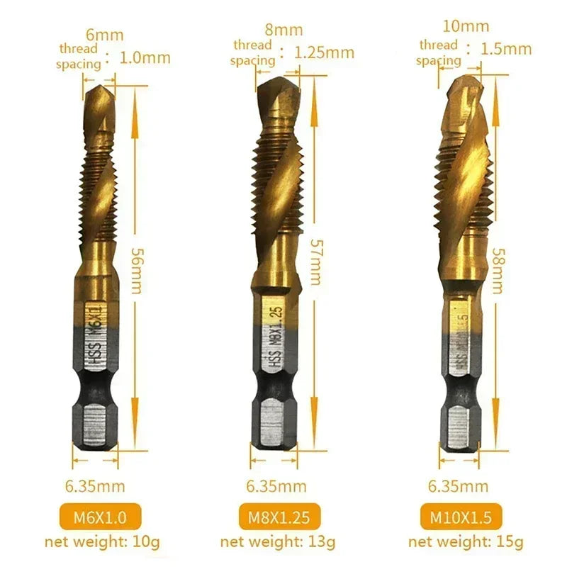 Titanium Plated Hex Shank HSS Screw Thread Metric Tap Drill Bits Screw Machine Compound M3 M4 M5 M6 M8 M10 Hand Tools