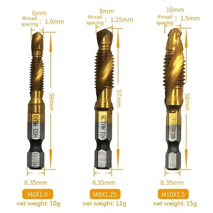 Titanium Plated Hex Shank HSS Screw Thread Metric Tap Drill Bits Screw Machine Compound M3 M4 M5 M6 M8 M10 Hand Tools