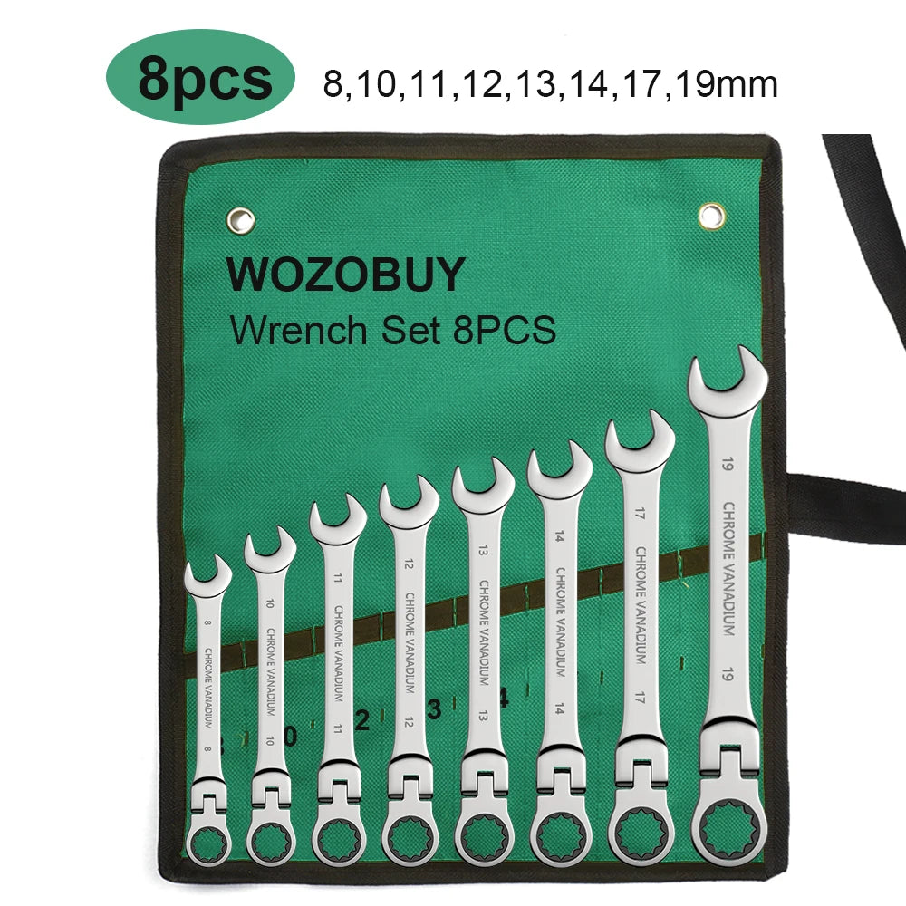 Metric Ratchet Spanner Wrench Set 8–22mm Flex Head 72-Tooth Gear Ring Combination Wrench Kit with Canvas Storage Bag