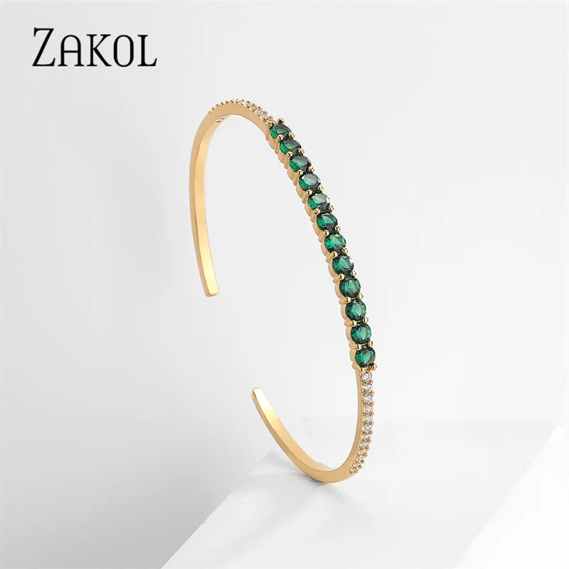 Green Zircon Cuff Bangles Bracelet for Women Oval Cubic Zirconia Gold Color Bracelets