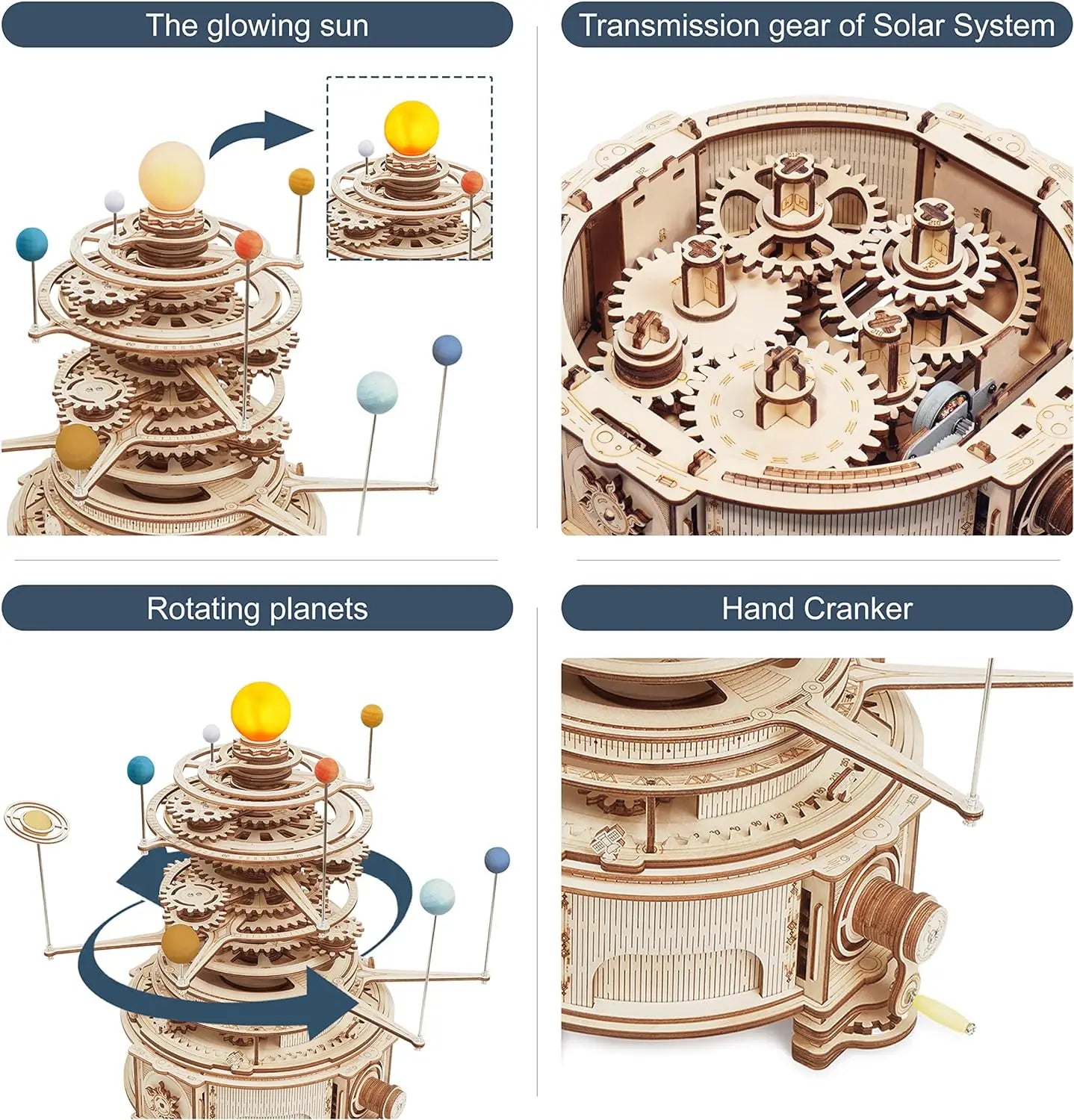 316PCS Rotatable Mechanical Orrery DIY Wooden Model Building Block Kits Assembly