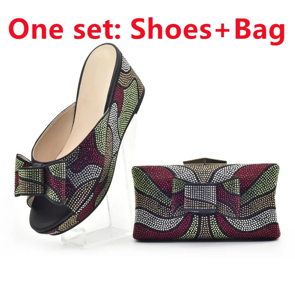 Design Italian Shoes and Bags Matching Set Decorate with Rhinestone Wedges Shoes for Women Luxury Round Toe Platform Shoes