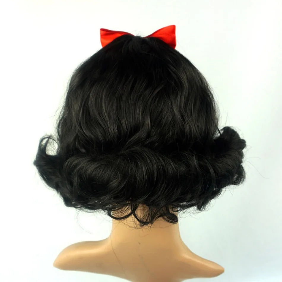 Cute Girls Snow White Dress Up Wig Girls Princess Cosplay Short Hair Black Curly Hair Wig with Red Bow  Role Play Props