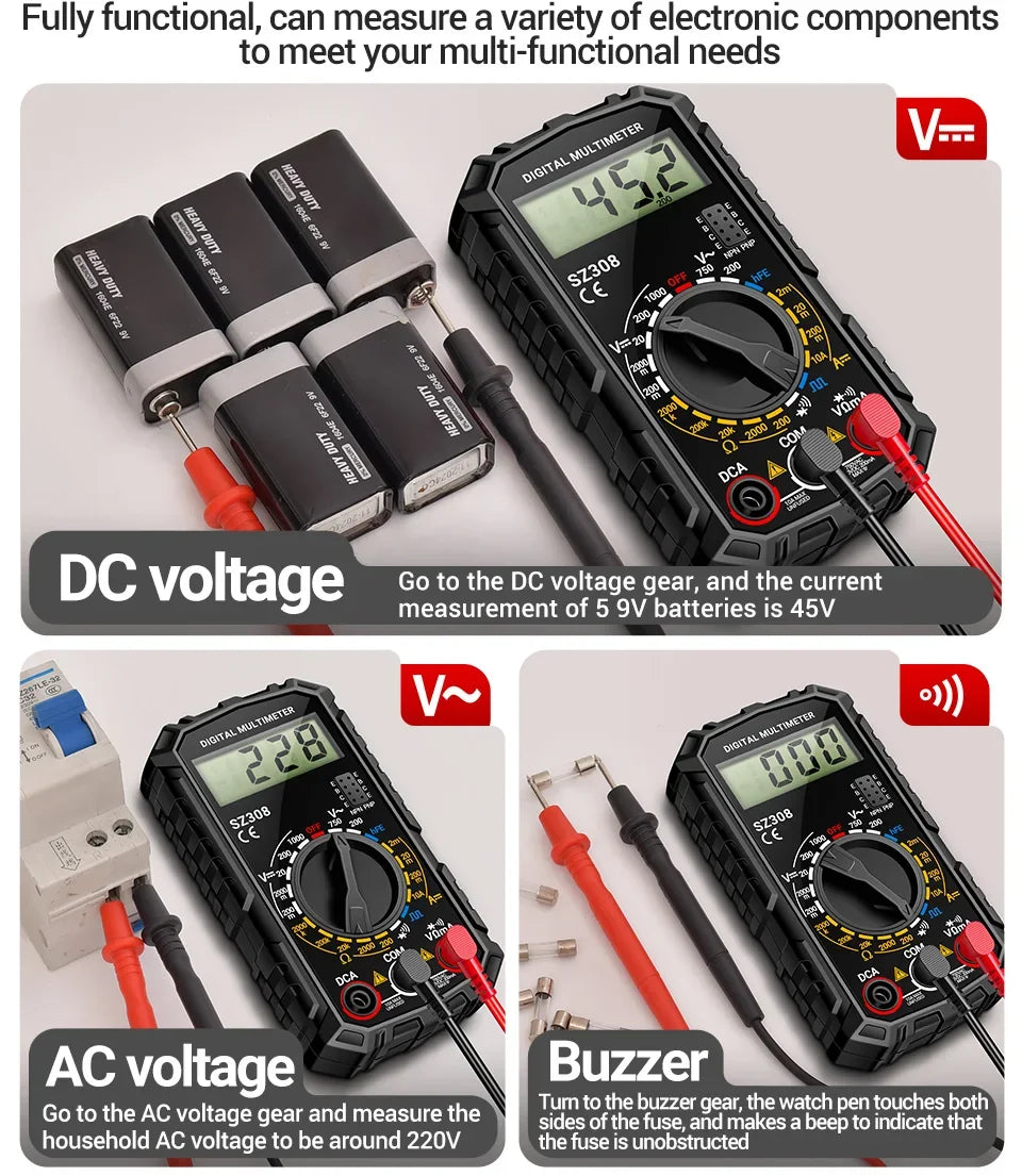 Square Wave Digital Tester 1999 Counts HFE Triode Buzzer Multimeter AC/DC Voltage 10A Current Multimeters Meter Tool